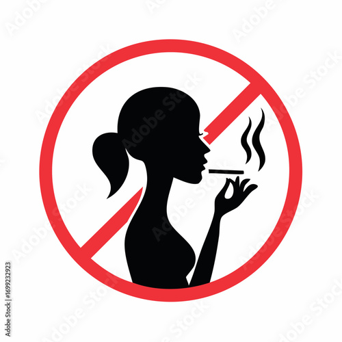 Black and white silhouette vector icon of a person smoking with a red prohibition circle and line through it, minimal design for public signage