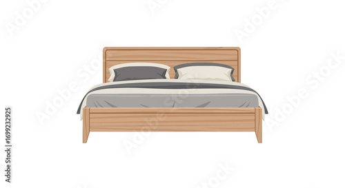 Cozy wooden platform bed with gray linens against white backdrop