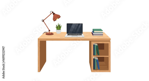 Cozy study corner workspace with laptop, lamp and books arrangement