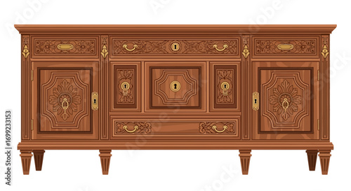 Detailed Illustration of an Ornate Antique Wooden Cabinet with Drawers