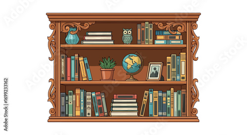 Detailed illustration of a wooden bookcase filled with various decorative objects