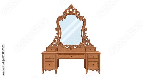 Elaborate Vintage Vanity Table with Ornate Mirror and Wooden Drawers