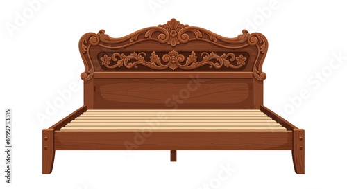 Elaborate wood carved bed frame with classic headboard details design