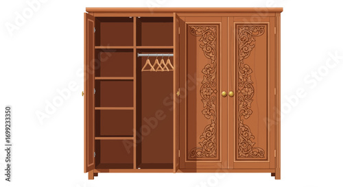 Elaborate wooden wardrobe with carved detail, offering organized storage