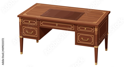 Elaborate wooden office desk with leather top and gilded accents