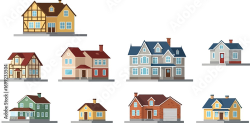 Collection of diverse residential homes showcasing various architectural styles and colors for real estate marketing