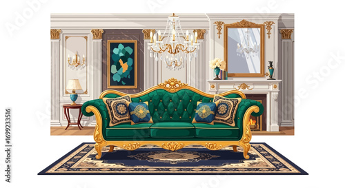 Elegant Drawing Interior Featuring Green Sofa, Chandelier and Fireplace