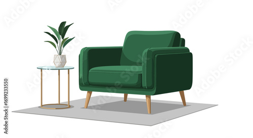 Elegant green armchair and side table with plant for cozy relaxation