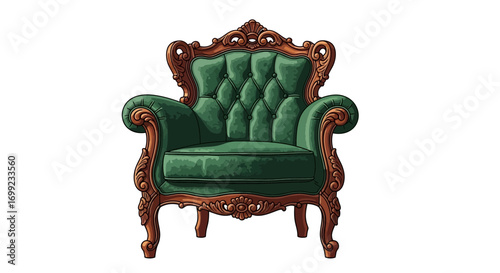 Elegant green armchair with detailed wood carving perfect for relaxation