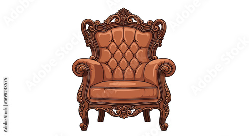 Elegant hand-drawn brown leather armchair with intricate wood detailing