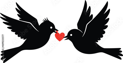 Two black birds sharing a red heart in flight, symbolizing love and connection