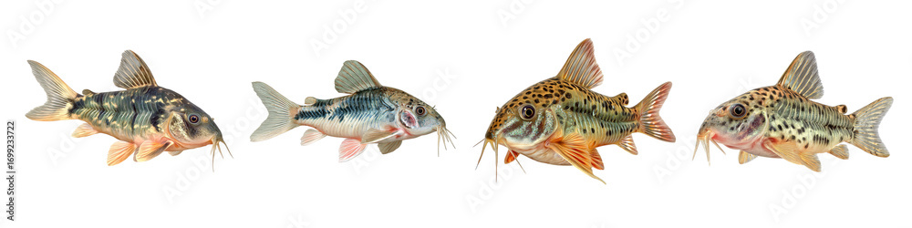 Fototapeta premium Four Corydoras Catfish Showing Diverse Colors and Patterns isolated on transparent background.