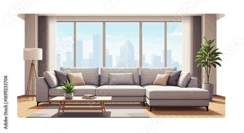 Elegant living room design with city view and natural light interior