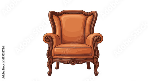Elegant Orange Wingback Chair with Ornate Carved Wooden Frame illustration