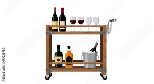 Elegant wine bar cart with bottles and glasses for home entertainment