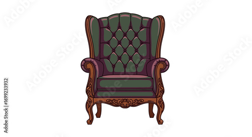 Elegant Vintage Armchair with Tufted Green Upholstery and Carved Wood Frame