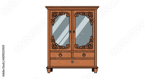 Elegant Wooden Armoire with Intricate Carvings and Mirrored Doors Decor