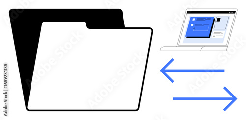 Folder with open tab next to laptop screen highlights file sharing concept. Two arrows indicate document exchange. Ideal for data transfer, organization, digital workflow, productivity, cloud