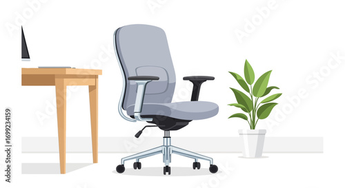Ergonomic office chair, desk and plant offering a modern workspace environment