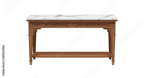 Exquisite console table with ornate wood carvings and marble top design