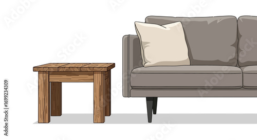 Hand Drawn Interior with Wooden Table and Elegant Sofa in Neutral Colors