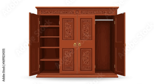 Exquisitely crafted wardrobe with intricate carving and open doors