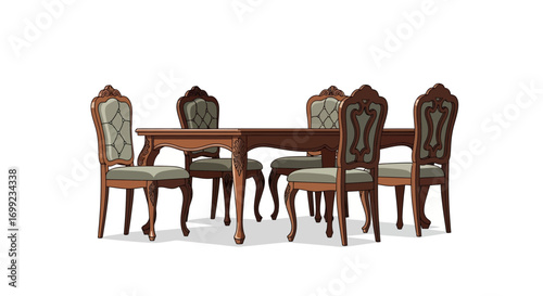 Illustrated wooden dining set with detailed chairs and table isolated