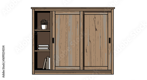 Illustration of a classic wood cabinet with sliding doors and bookcase