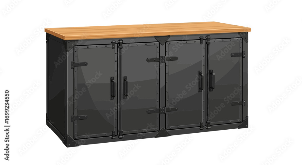 Industrial sideboard with wooden top and black metal cabinet doors design