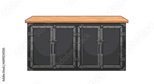 Illustration of an industrial style sideboard with a wooden countertop