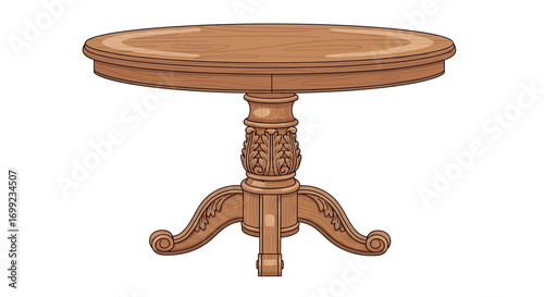 Illustration of an ornate wooden pedestal table with round top design