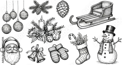 Charming hand-drawn Christmas elements including Santa, snowman, sleigh, ornaments, and festive decor