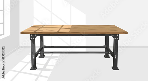 Illustration of wooden table with metallic legs in minimalist interior