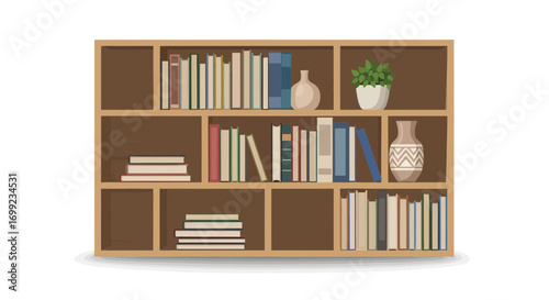 Illustrative bookshelf composition filled with books and decorative elements