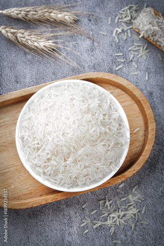 Long Grain White Rice in Bowl with Wheat Stalks - Premium Agricultural Products and Healthy Cooking Ingredients