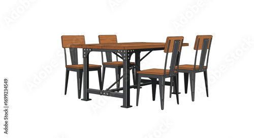 Industrial dining set featuring wooden table and metal framed chairs design