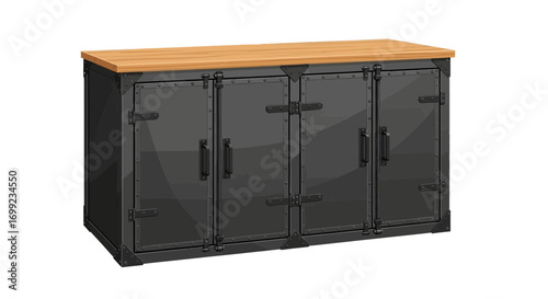 Industrial sideboard with wooden top and black metal cabinet doors design