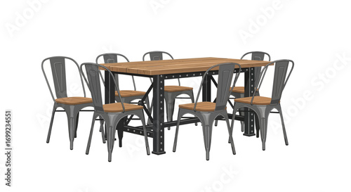Industrial dining arrangement with metal chairs and wooden tabletop presentation