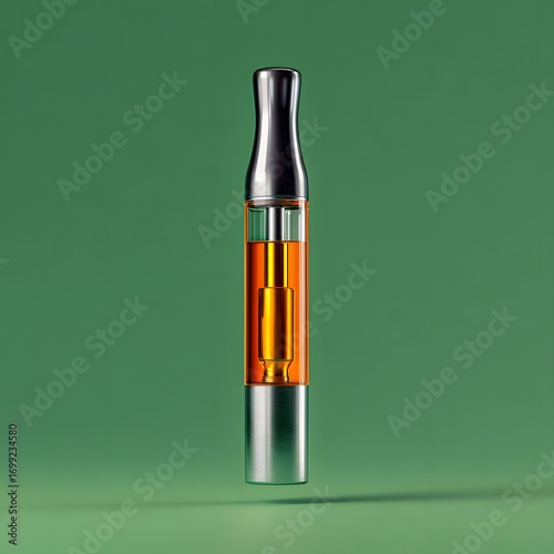 Sleek metallic vape cartridge with a transparent tank of golden amber oil.