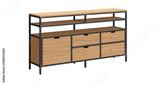 Industrial style storage cabinet illustration with wooden drawers and shelves