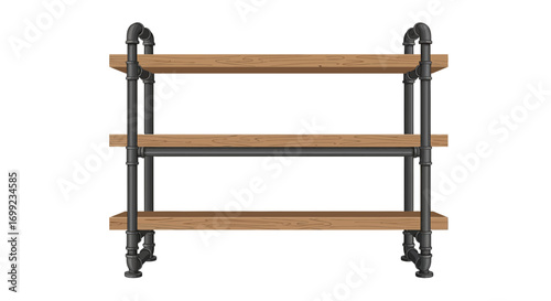 Industrial style pipe shelf with wooden planks, modern furniture illustration