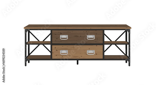 Industrial Style Wood and Metal Console Table with Storage Drawers