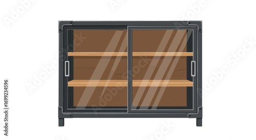 Industrial-style display cabinet with sliding glass doors and wooden shelves