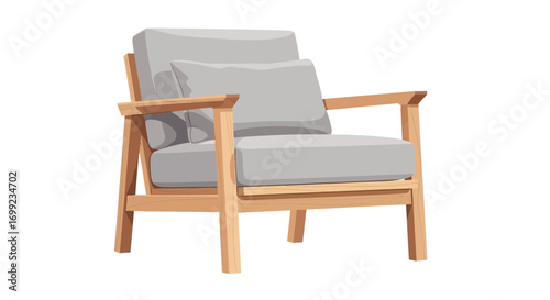 Isolated comfortable armchair with wooden frame and soft gray cushion