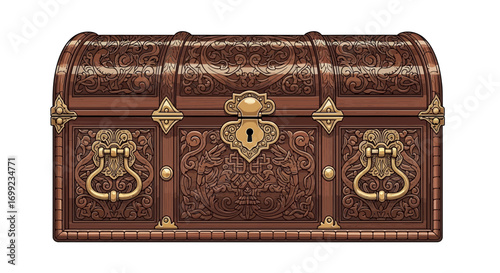 Intricately carved wooden chest with antique gold hardware details isolated