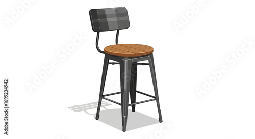 Isolated vintage style metal stool with wooden seat in a modern style