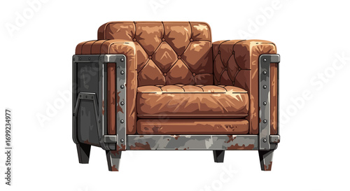 Isolated vintage leather armchair with metal frame in cartoon style