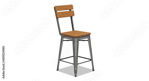 Isolated Wooden Barstool with Metal Frame on White Background Rendering