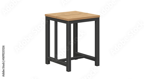Isometric illustration of a modern wooden stool with metal frame isolated
