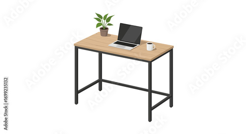 Isometric depiction of a workspace with laptop, plant and coffee mug